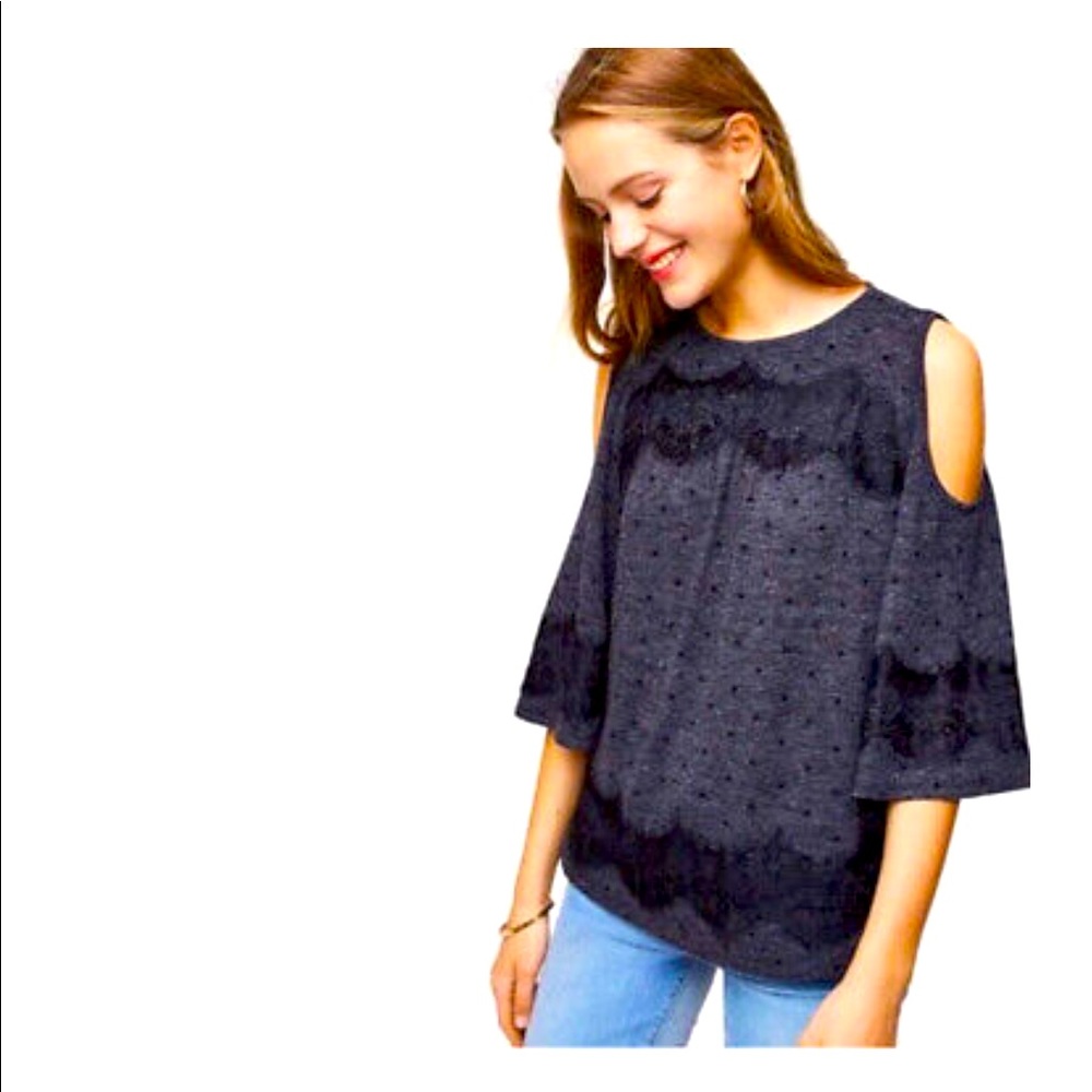 Loft Polka Dot and Lace Cold Shoulder in Black & Charcoal 3/4 Bell Sleeve size L